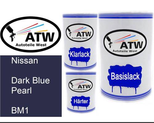 Nissan, Dark Blue Pearl, BM1: 500ml Lackdose + 500ml Klarlack + 250ml Härter - Set, von ATW Autoteile West.